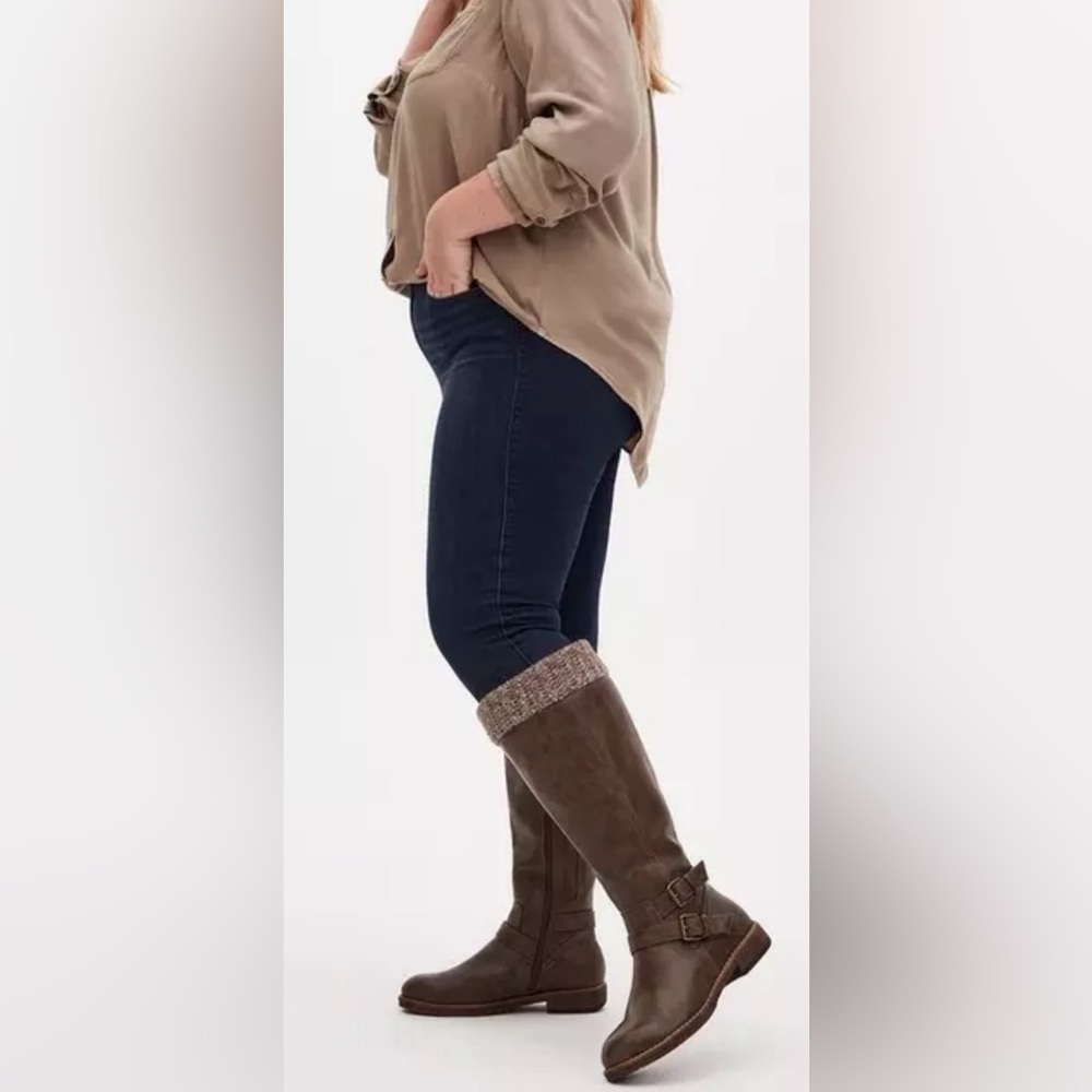 Faux Leather Sweater-Trimmed Knee-High Boot